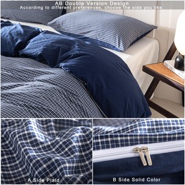 Janlive Dark Navy Blue Plaid Duvet Cover Twin Size AB Double Version Design 100% Washed Cotton Linen Feel Textured Ultra Soft Breathable Bedding Set with Zipper Closure - 2pcs Navy Blue Grid Twin
