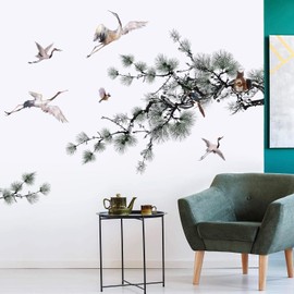 Chinese Style Pine Tree Crane Wall Art Mural Pine Branches and Leaves Wall Decals DIY Removable Peel and Stick Landscape Painting Wall Stickers for Living Room Bedroom Study Porch Home Decoration