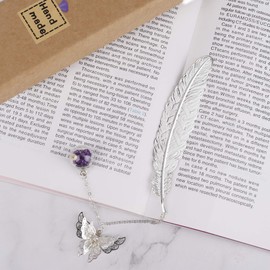 Jesustree Metal Feather Bookmark with Elegant Butterfly and Glass Beads, Eternal Dry Flower Pendant, Gift for Book Lovers, Children, Girls, Students (Silver)