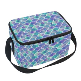 Naanle Mermaid Scales Insulated Canvas Zipper Lunch Bag Cooler Tote Bag for Adult Teens Girls Boys Men Women, Cute Long Strap Lunch Boxes Lunchboxes Meal Prep Handbag for Outdoors School Office