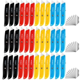 REXBETI 36 Pack Utility Knife Retractable Box Cutter, 4 Color Heavy Duty Aluminum Shell Knife Sets with Extra 30pc SK5 Blades for Cartons, Cardboard and Boxes