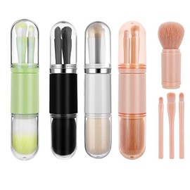 4 in 1 Small Makeup Brush Set Portable Travel Lip Brush Highlight Brush Eye Shadow Brush Foundation Blending Powder Brush Retractable Mini Facial Cosmetic Makeup Brush Set (Green)