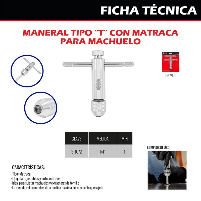 Dogotuls ST1072 Maneral tipo T 1/4" con matraca machuelo