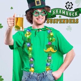 BODIY Light Up St Patrick's Day Suspenders Shamrock Green Elastic Y Back LED St Patrick's Day Accessories for Men and Women, Green, free size