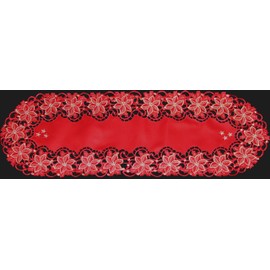Creative Linens Holiday Christmas Embroidered Poinsettia Table Runner 15x44 Red Gold Oval Dresser Scarf