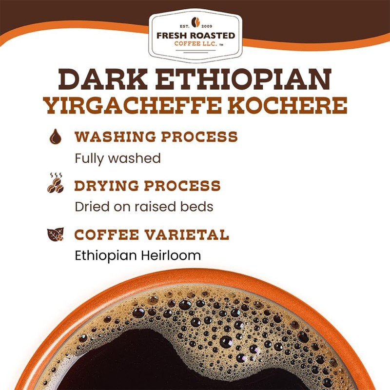 Fresh Roasted Coffee, Dark Ethiopian Yirgacheffe Kochere, 12 oz, Dark
