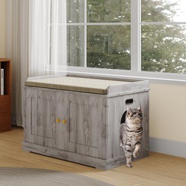 Cat Litter Box Enclosure, Wooden Cat Washroom Furniture with Barn Door, Hidden Litter Box Cover, Dog Proof Feline Litter Boxes, Kitty House, Fit Most of Litter Box, Gray