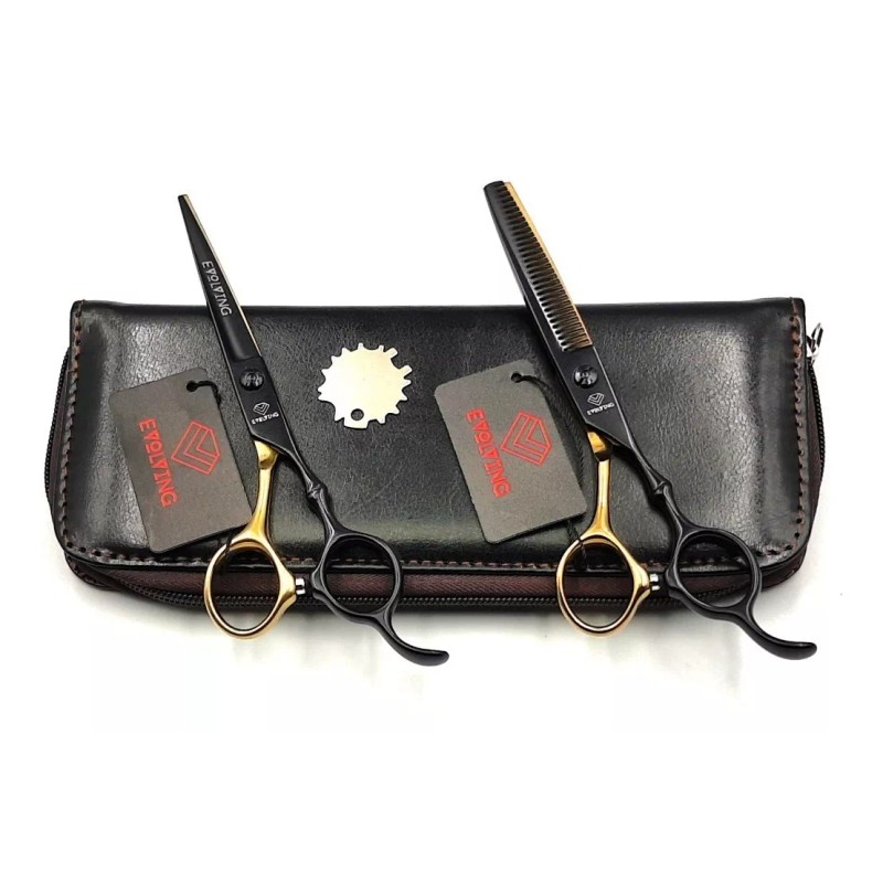 EVOLVING Kit Tijeras Profesional Japones Negro-dorado Barberia
