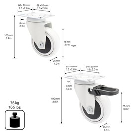 Wagner Design - 3C - Swivel Castors / Apparatus Castors / Furniture Castors 2-Piece Set, White, 1 Roll without and 1 with Lock, Soft Tread, Diameter 75 mm, Ball Bearing, Load Capacity 75 kg / Roll -