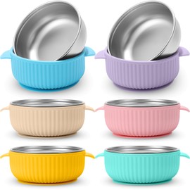 Nuogo 6 Pcs 304 Stainless Steel Baby Bowls with Removable Silicone Shell Toddler Bowls Kids Anti Scald Snack Container for Food Feeding, Dishwasher Safe(Multicolor,Suction-c)