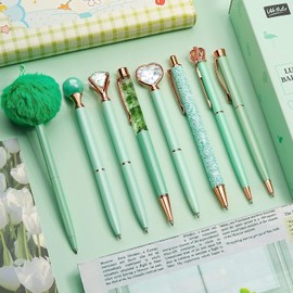 WEMATE 8Pcs Green Ballpoint Pens Set Pen Bling for Women,Girly Pens,Black & Blue Ink Ball Point Pen Gifts for Wedding Bridesmaid Office Green