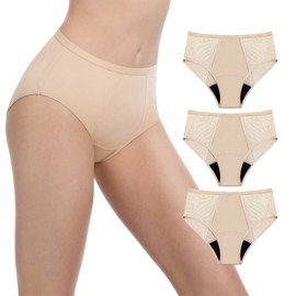 AIRCUTE Washable Women Urine Incontinence Underwear Leak Proof Panties for Postpartum Bladder Leak with 50 ml Absorbency 3 Pack (Beige, M)