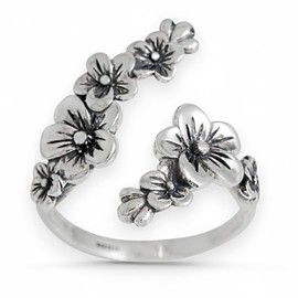 NINA DESIGNS Recycled Sterling Silver Cherry Blossoms Ring - Adjustable Floral Ring Celebrating Beauty, Renewal, and Love in Nature-Inspired Design.