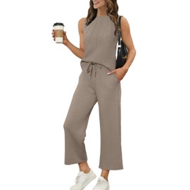 WIHOLL 2 Piece Sets for Women Summer Spring Outfits 2025 Vacation Travel Graduation Lounge Sets Crewneck Pleated Sleeveless Tops and Wide Leg Pant Sets Coffee M