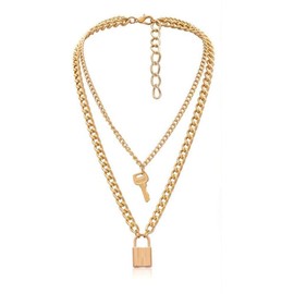 Unique Punk Layering Chain Choker Necklace Boho Jewelry Set Layered Key and Lock Pendant Statement Chunky Chain Necklace for Women Man (One size, Silver)