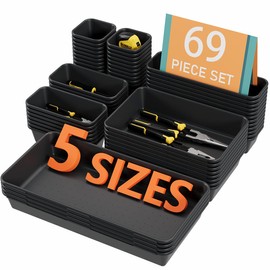 69PCS Large Plastic Interlocking Drawer Organizer, 5 Sizes Versatile Desk Drawer Organizer Trays, Drawer Dividers, Organization and Storage Bins for Tools,Office,Jewelries,Kitchen Utensils and Makeup
