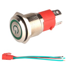 GUUZI 12V-24V/15A Self-Locking Push Button Switch NO Waterproof Green LED Light Illuminated 16 mm Metal Power Start Push Button with Sockets Plug Cable