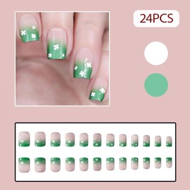 Hrnsnails St Patricks Day Nails - Green Glitter French Tip Press On Nails Square Fake Nails with Four Leaf Clover Design, Artificial Nails Stick On Nails for Women-24Pcs