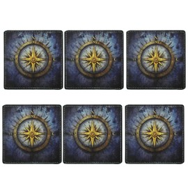 Compass Rose Coasters Square Leather Drinks Coaster Set with Holder for Coffee Table Bar Home Decor 4 Inches Set of 6