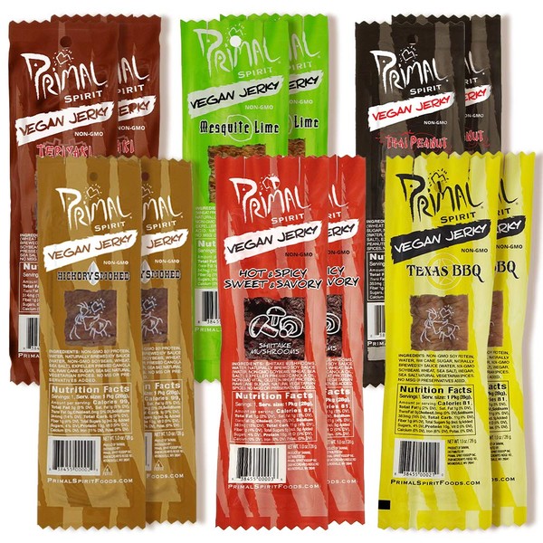 Primal Spirit Vegan Jerky - Our Sampler Pack, 10g. Plant Based Protein, Certified Non-GMO ("The Classics" Thai Peanut, Mesquite Lime, Teriyaki, Hot & Spicy, Hickory Smoked, & Texas BBQ, 12-Pack, 1 oz)