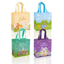 Jaywayang 4Pcs Happy Easter Gift Bags with 20 pcs Tattoo, Easter Non-woven Bags with Handle, Reusable Easter Goodie Bags for Kids, Rabbit Bunny Treat Bags, Easter Party Supplies.
