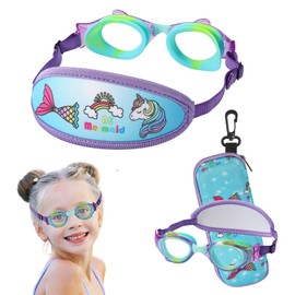 RUIGAO Kids Goggles Age 2-6, Swim Goggles Fabric Strap No Hair Pull, Toddler Swimmimng Goggle with Case (1PK - Blue Mermaid)