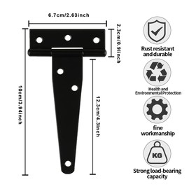 KEQAR 4 x Heavy Duty T Hinges with Fixing Screws, Metal Hinges for T Doors, Shed Doors, Garden Gates, Windows, Outdoor Fencing (Black)