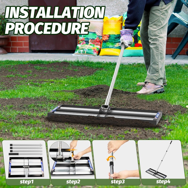 Updated Lawn Leveling Rake with Aluminum Rollers, Stainless Steel 30"x10"