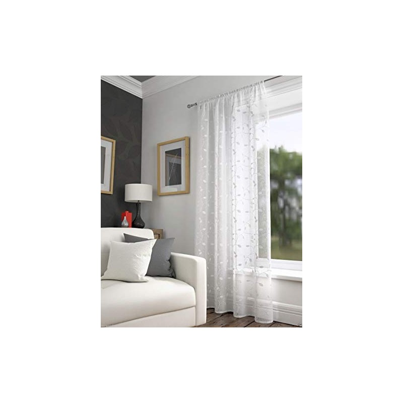 Harrogate Leaf Floral Grey Slot Top Voile Net Curtain Panel