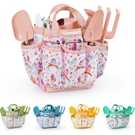 Grenebo Kids Gardening Tools Set 8PCS with Apron Hat Gloves Watering Can STEM Outdoor Toy Gift for Kids Ages 3-6 Pink