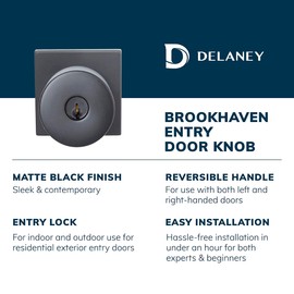 Delaney Hardware Brookhaven Entry Door Knob with Square Trim, Fits Door 1-3/8 to 1-3/4 in. Thick, Matte Black Finish – Reversible, Easy to Install Left/Right-Handed Front Door & Garage Door Lock