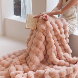 Lanqinglv Cuddly Fluffy Blanket, 130 x 150 cm, Pink, Rabbit Faux Fur Blanket, Plush, Thick Flannel Couch Blanket, Warm Throw Blanket, Sofa Blanket for Bed, Sofa, Bedroom, Office