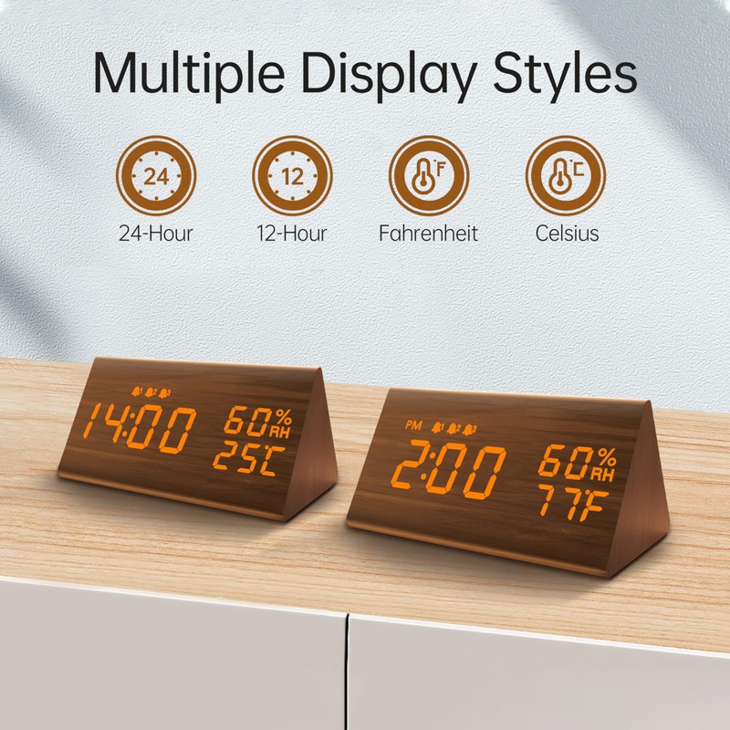 JALL Digital Alarm Clock, with Wooden Electronic LED Time Display,