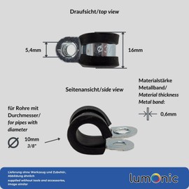 Lumonic 5 x 10 mm pipe clamps with rubber insert, cable clamps for screwing, hose clamp 10 mm, pipe clamps, mounting clamp 10 mm, pipe holder