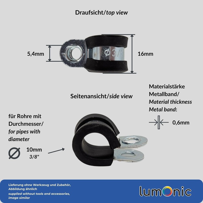 Lumonic 5 x 10 mm pipe clamps with rubber insert,