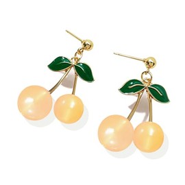 DIYANMMY Handmade Creative Light Weight 3D Red Fruits Earrings Plated Sweet & Green Crystal Leaf Lovely Cherry Tassel Dangle Drop Earrings For Women (Yellow)