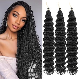 AMLUCKS Deep Wave Crochet Braids Hair Black 16 Inch 3 Pacs Ocean Wave Braiding Hair for Black Women Girls Synthetic Water Wave Crochet Hair Extensions for Boho Braids (1B#, 16inch-3)