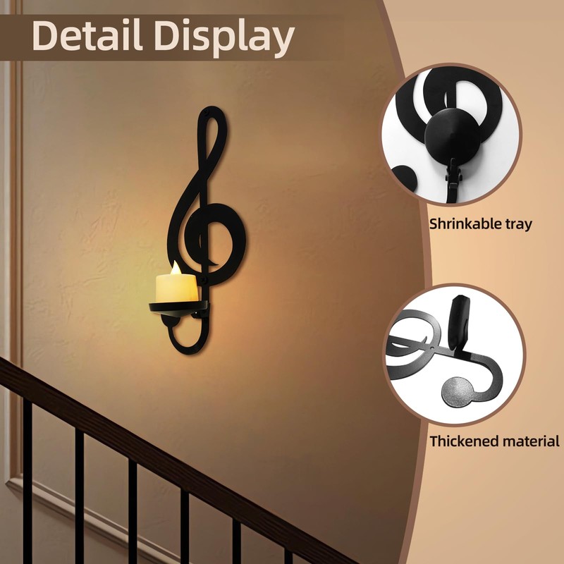 Musical Notes Wall Decor, Black Metal Candle Sconces Set, Music