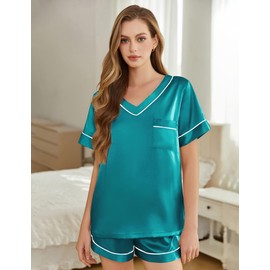 SHEFOTY Silk Pajamas for Women Short Sleeve Satin 2 Piece Pj Set Soft V Neck Sleepwear Loungewear, S-XXL Green