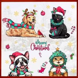 Mfault Merry Christmas Cat Dog Window Clings 4 Sheets, Xmas Golden Retriever Boston Terrier Stickers Decals Decorations, Black Cat Orange Cat 2025 New Year Holiday Home Kitchen Decor Pet Lover Gifts