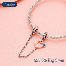 Amuefer Safety Chain Charms for Bracelets 925 Sterling Silver with Cubic Zirconia Spacer Stopper Birthday Christmas Jewelry Gifts for Women (Heart & Infinity)