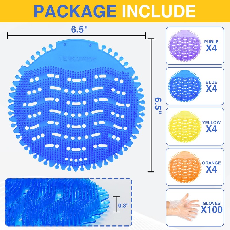 16 PACK Urinal Deodorizer Screen with 100 Gloves-3D Wave Anti-Splash