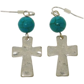 Earrings - Turquoise and Hammered Silver Tone Cross Earrings - Kiki's Rugged Silver Cross