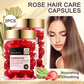 60PCS Hair Serum Oil Capsules, Moisturizing Hair Serum for Frizzy, Dry and Damaged Hair, Smooth, Non-greasy, Refreshing Long Lasting Nourishing Hair Oil for Women（Rose）