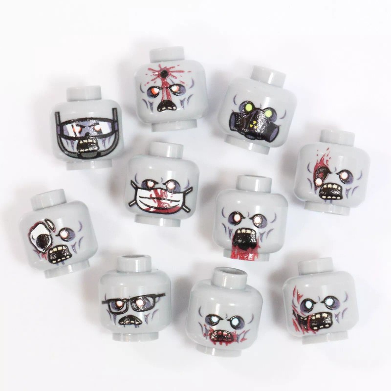 BrickTactical Zombie Head Pack V2 for Minifigures x10 Light Bluish