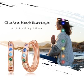 KINGWHYTE Chakra Hoop Earrings 925 Sterling Silver Small Huggie Earrings Chakra Healing Yoga Gift for Women, Sterling Silver, Cubic Zirconia