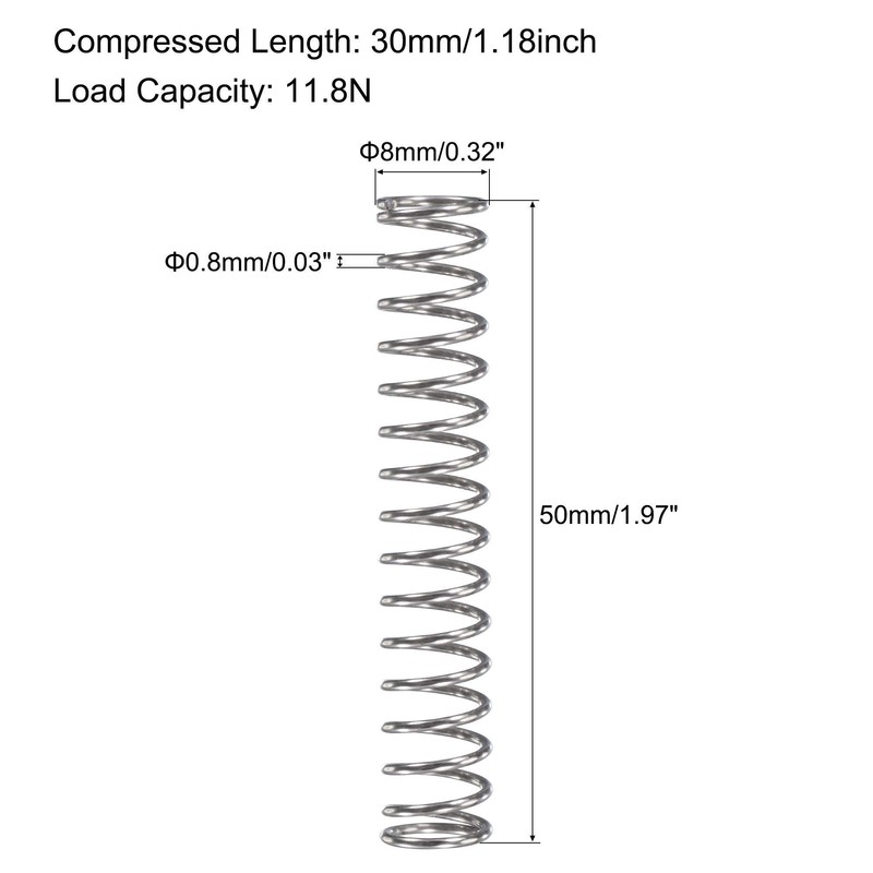 TOP-VIGOR 10Pcs Compression Spring, 8mm OD,0.8mm Wire Size,50mm Free Length