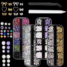 4 Boxen Nagelkunst Dekorations,Gold Silber Stern Schleifen Nail Charms,Halbrunde Perlen Nägel Strasssteine, Pailletten, AB Kristall Strasssteine,mit Pinzette und Stift für Nagel Bekleidung DIY