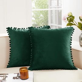 Deconovo Velvet Throw Pillow Covers, Set of 2, Decorative Pom-poms Soft with Invisible Zipper Cover for Sofa,Dark Green,26x26 Inch