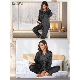 Reliwel Silk Pajamas for Women Button Down Satin Pjs Set 2 Piece Long Sleeve Loungewear with Elastic Waist Pants, Black, Large